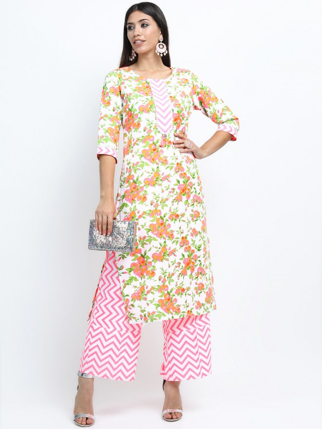 Women Off White & Pink Floral Printed Straight Kurta with Palazzo & Dupatta - Off White - Image 12