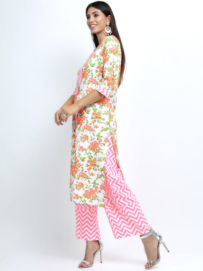 Women Off White & Pink Floral Printed Straight Kurta with Palazzo & Dupatta - Off White - Image 2