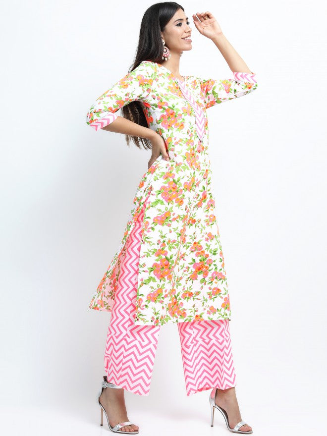 Women Off White & Pink Floral Printed Straight Kurta with Palazzo & Dupatta - Off White - Image 5