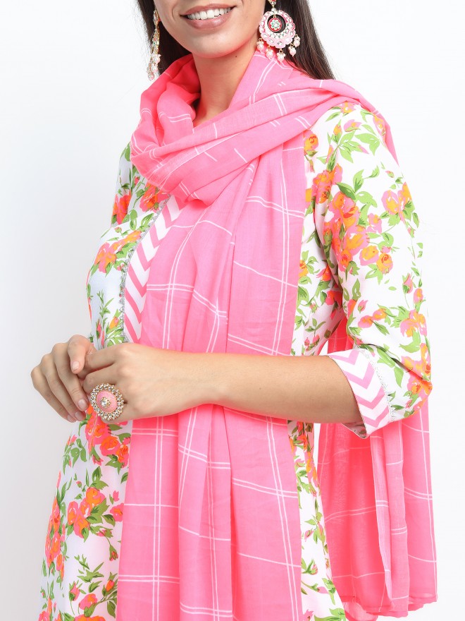 Women Off White & Pink Floral Printed Straight Kurta with Palazzo & Dupatta - Off White - Image 7