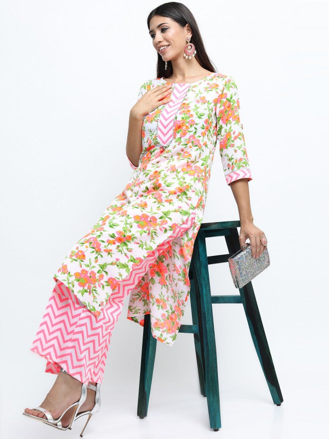 Women Off White & Pink Floral Printed Straight Kurta with Palazzo & Dupatta - Off White - Image 9