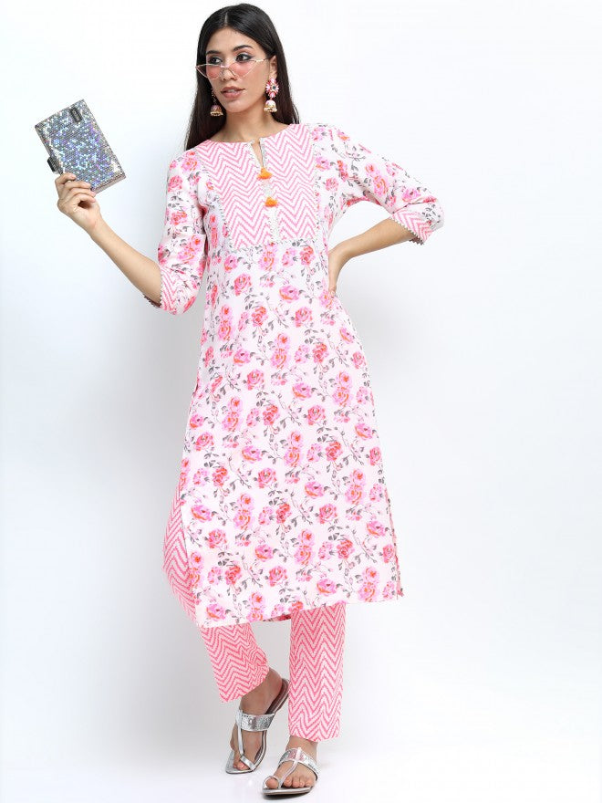 Vishudh Women Off White Floral Printed Straight Kurta with Palazzo & Dupatta - Off White - Image 2
