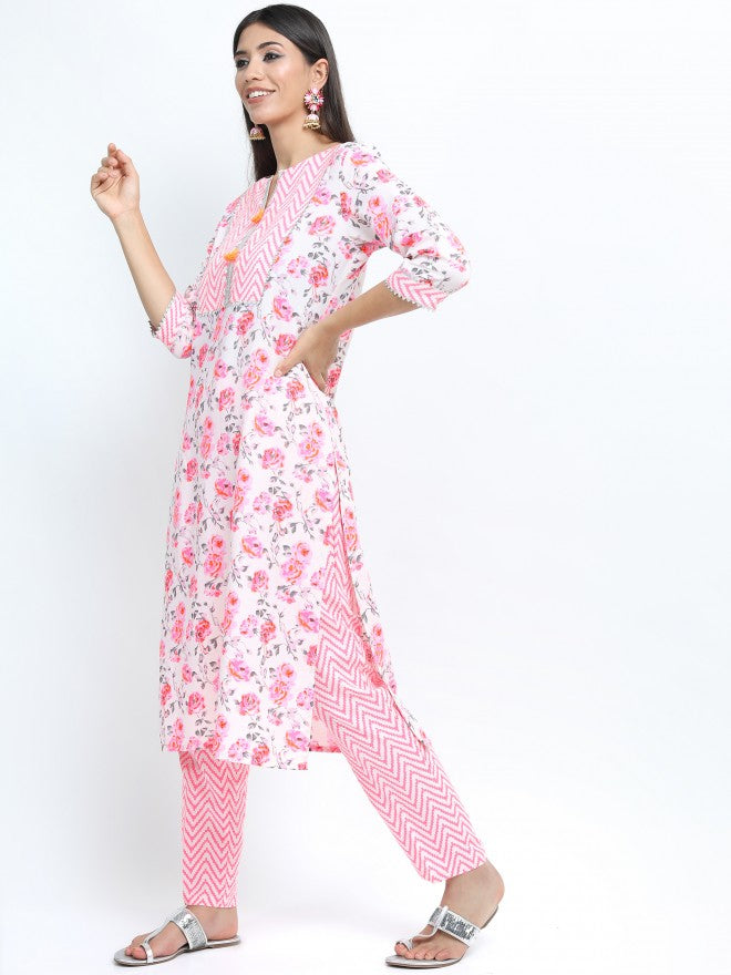 Vishudh Women Off White Floral Printed Straight Kurta with Palazzo & Dupatta - Off White - Image 3