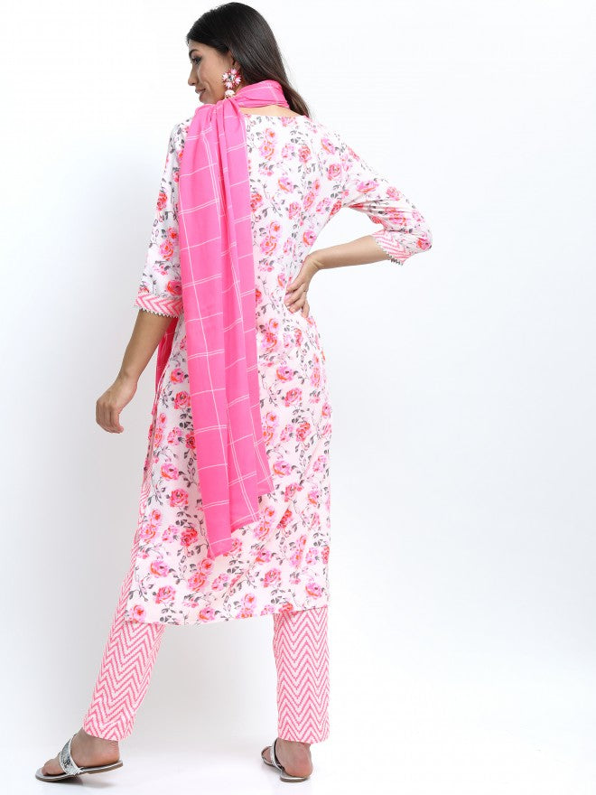 Vishudh Women Off White Floral Printed Straight Kurta with Palazzo & Dupatta - Off White - Image 4