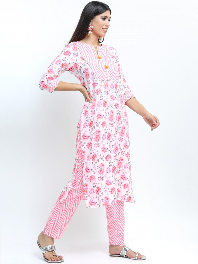 Vishudh Women Off White Floral Printed Straight Kurta with Palazzo & Dupatta - Off White - Image 6