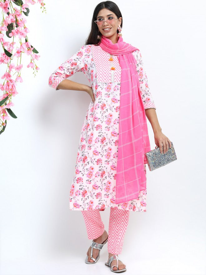 Vishudh Women Off White Floral Printed Straight Kurta with Palazzo & Dupatta - Off White - Image 7