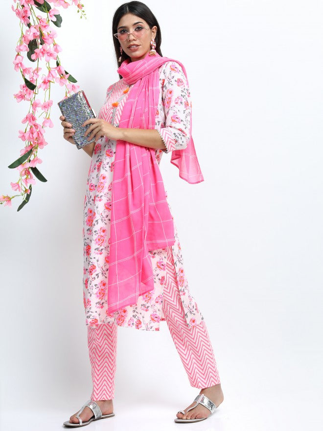 Vishudh Women Off White Floral Printed Straight Kurta with Palazzo & Dupatta - Off White - Image 1