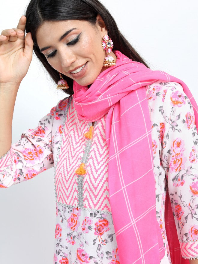 Vishudh Women Off White Floral Printed Straight Kurta with Palazzo & Dupatta - Off White - Image 8