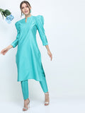 Women Turquoise Floral Printed Straight Kurta with Trouser - Turquoise - Image 1