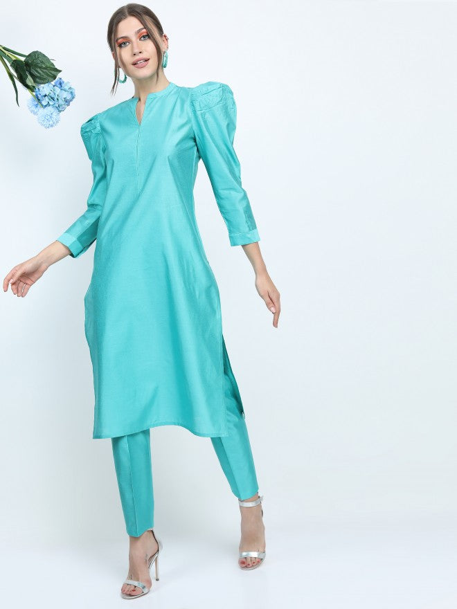 Women Turquoise Floral Printed Straight Kurta with Trouser - Turquoise - Image 1
