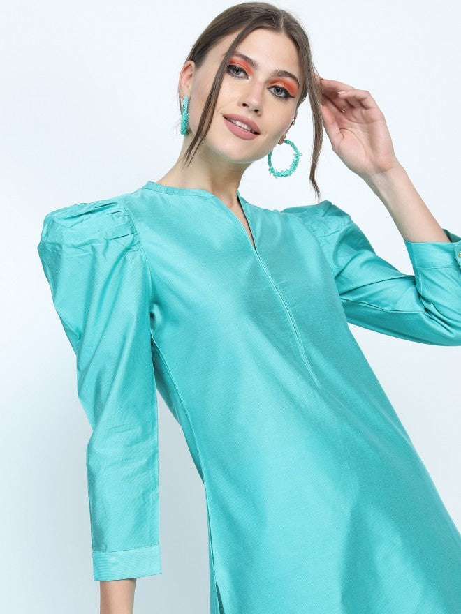 Women Turquoise Floral Printed Straight Kurta with Trouser - Turquoise - Image 2
