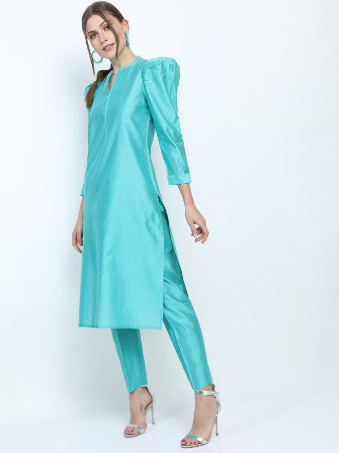 Women Turquoise Floral Printed Straight Kurta with Trouser - Turquoise - Image 3