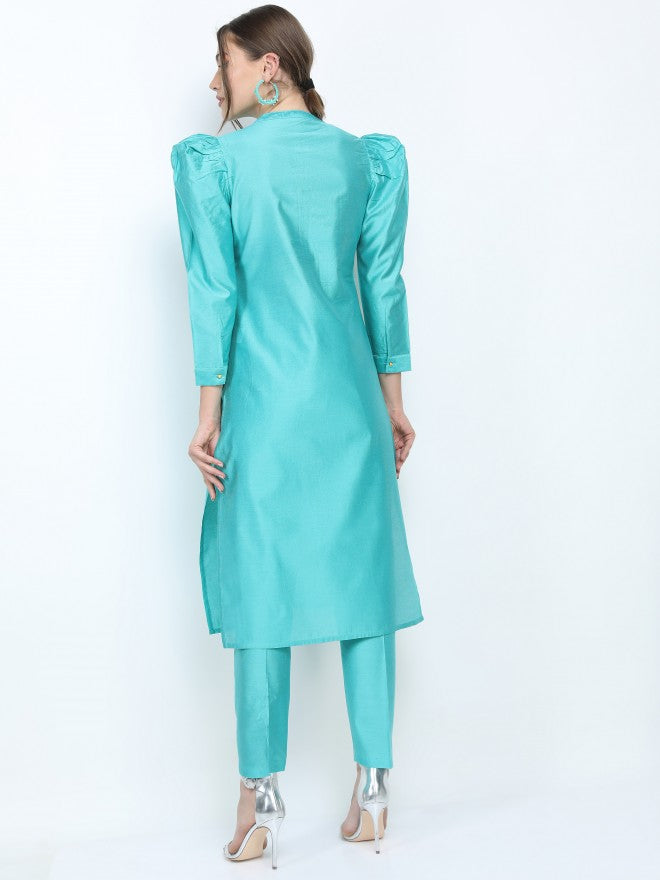 Women Turquoise Floral Printed Straight Kurta with Trouser - Turquoise - Image 4