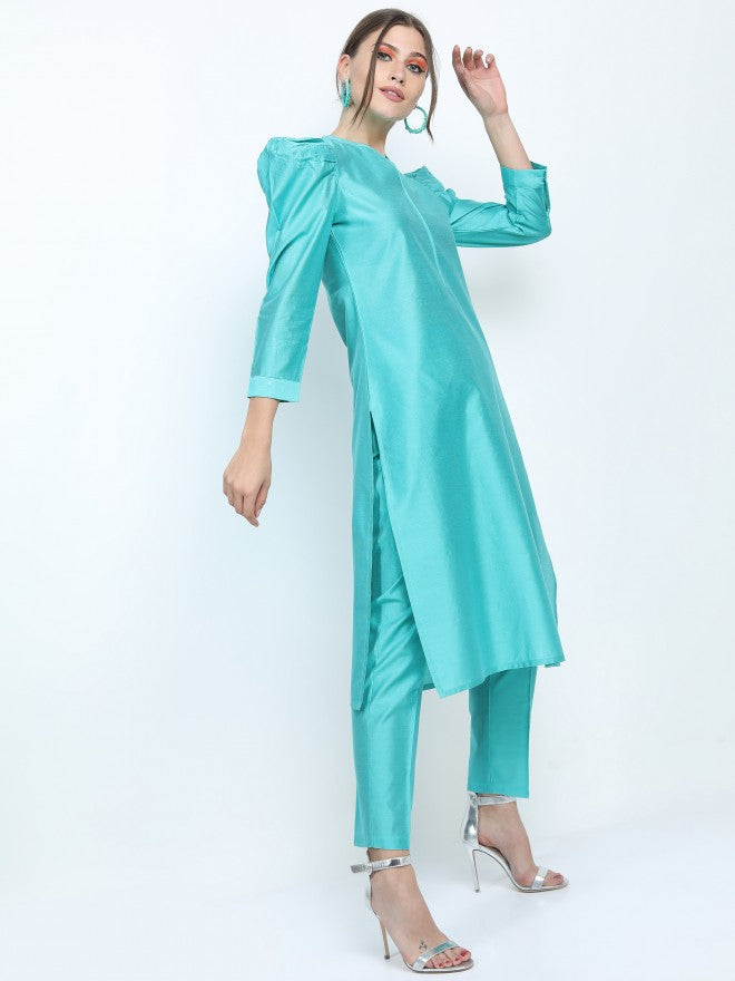 Women Turquoise Floral Printed Straight Kurta with Trouser - Turquoise - Image 6