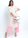 Women Off White & Pink Floral Printed A-Line Kurta with Palazzo & Dupatta - Off White - Image 1