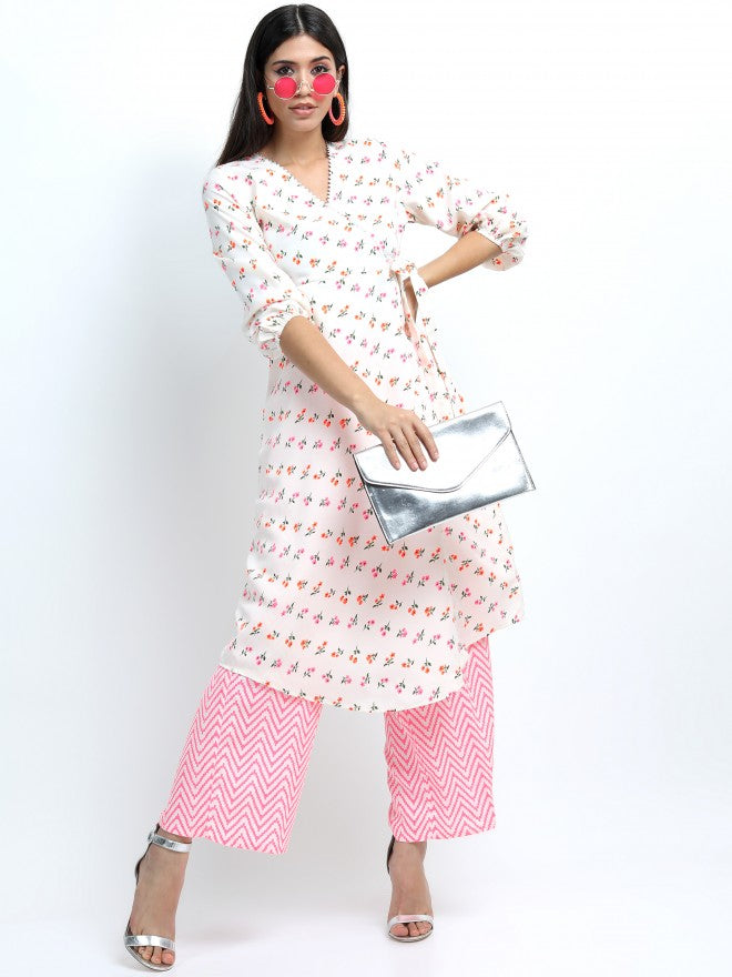 Women Off White & Pink Floral Printed A-Line Kurta with Palazzo & Dupatta - Off White - Image 1
