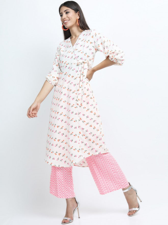 Women Off White & Pink Floral Printed A-Line Kurta with Palazzo & Dupatta - Off White - Image 2