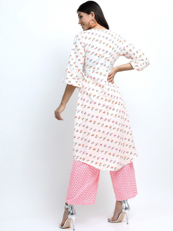 Women Off White & Pink Floral Printed A-Line Kurta with Palazzo & Dupatta - Off White - Image 3