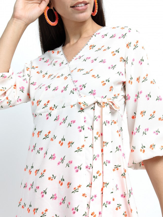 Women Off White & Pink Floral Printed A-Line Kurta with Palazzo & Dupatta - Off White - Image 4