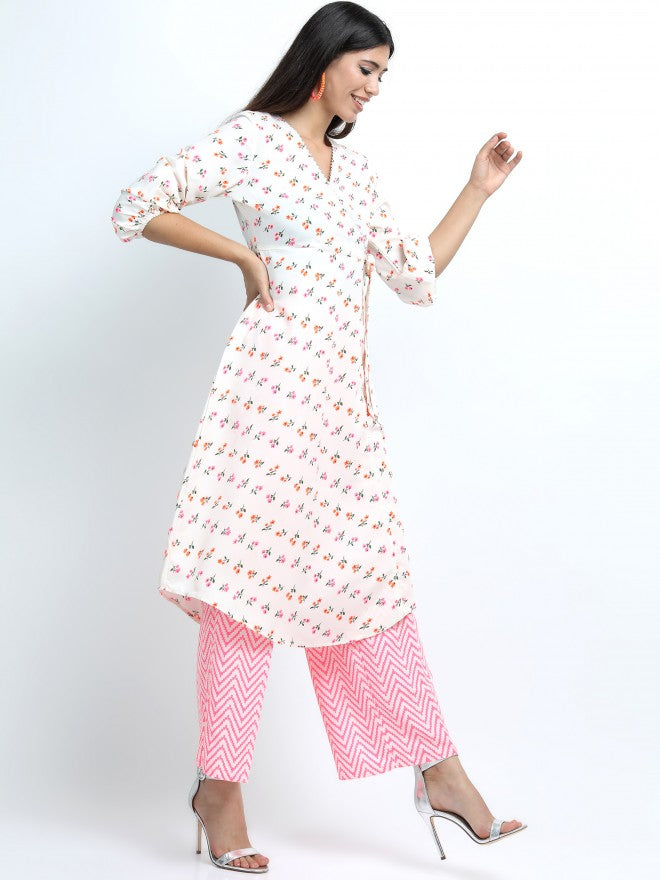 Women Off White & Pink Floral Printed A-Line Kurta with Palazzo & Dupatta - Off White - Image 5