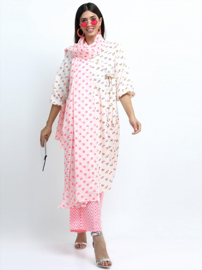 Women Off White & Pink Floral Printed A-Line Kurta with Palazzo & Dupatta - Off White - Image 6