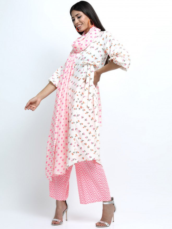 Women Off White & Pink Floral Printed A-Line Kurta with Palazzo & Dupatta - Off White - Image 7