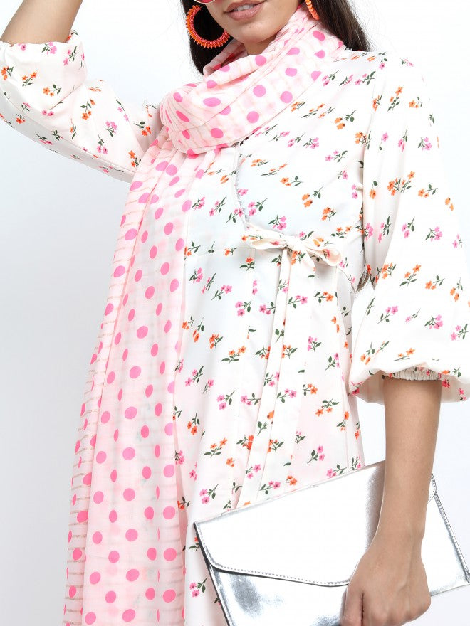 Women Off White & Pink Floral Printed A-Line Kurta with Palazzo & Dupatta - Off White - Image 8