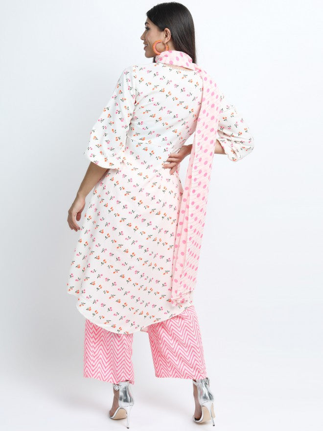 Women Off White & Pink Floral Printed A-Line Kurta with Palazzo & Dupatta - Off White - Image 9