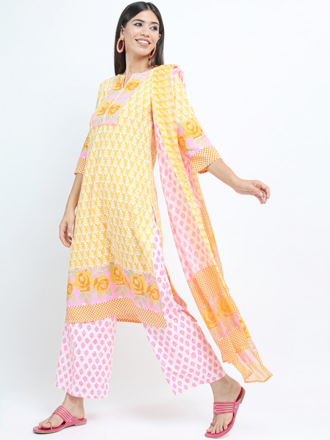 Women Mustard Floral Printed Straight Kurta with Palazzo & Dupatta - Mustard - Image 1