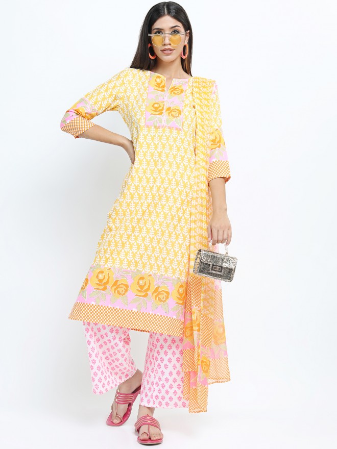 Women Mustard Floral Printed Straight Kurta with Palazzo & Dupatta - Mustard - Image 10