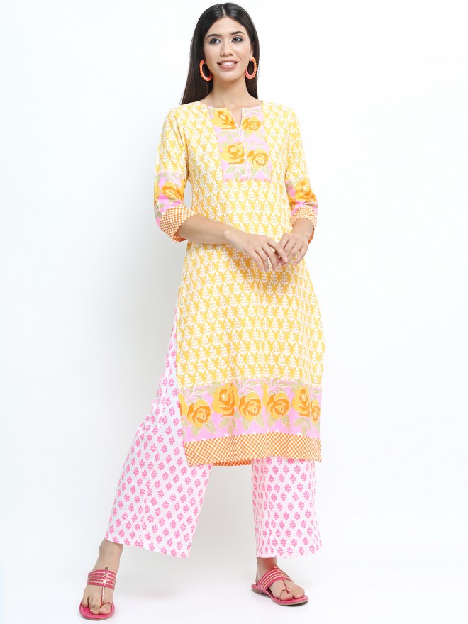 Women Mustard Floral Printed Straight Kurta with Palazzo & Dupatta - Mustard - Image 2