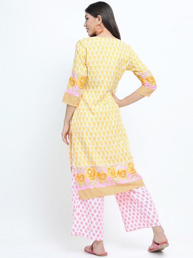 Women Mustard Floral Printed Straight Kurta with Palazzo & Dupatta - Mustard - Image 3
