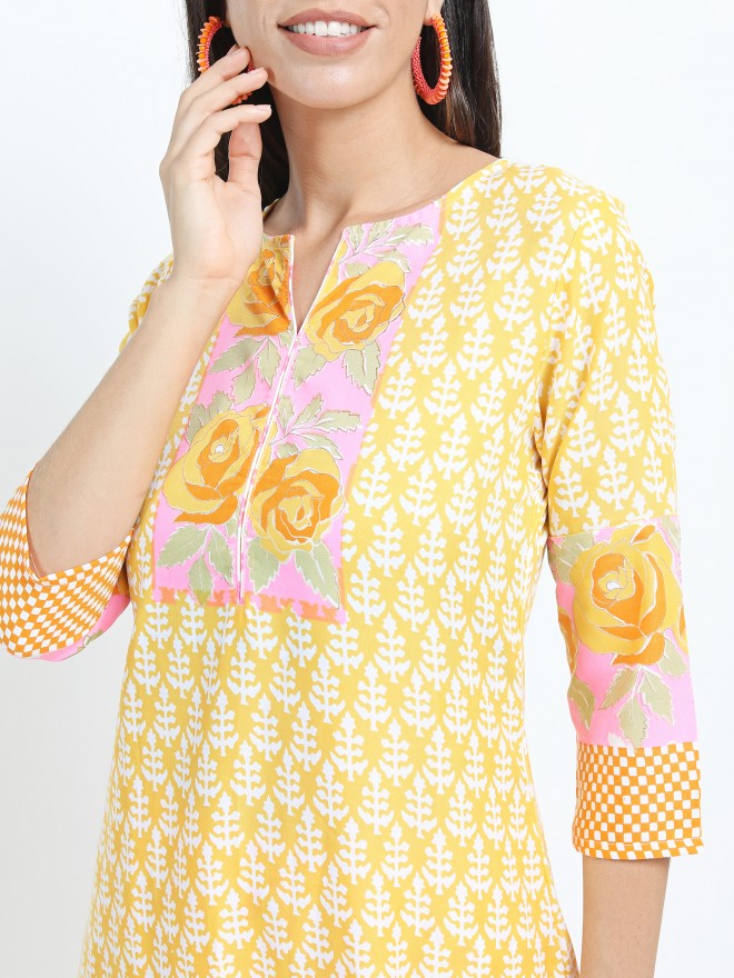 Women Mustard Floral Printed Straight Kurta with Palazzo & Dupatta - Mustard - Image 4