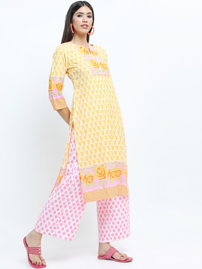 Women Mustard Floral Printed Straight Kurta with Palazzo & Dupatta - Mustard - Image 5