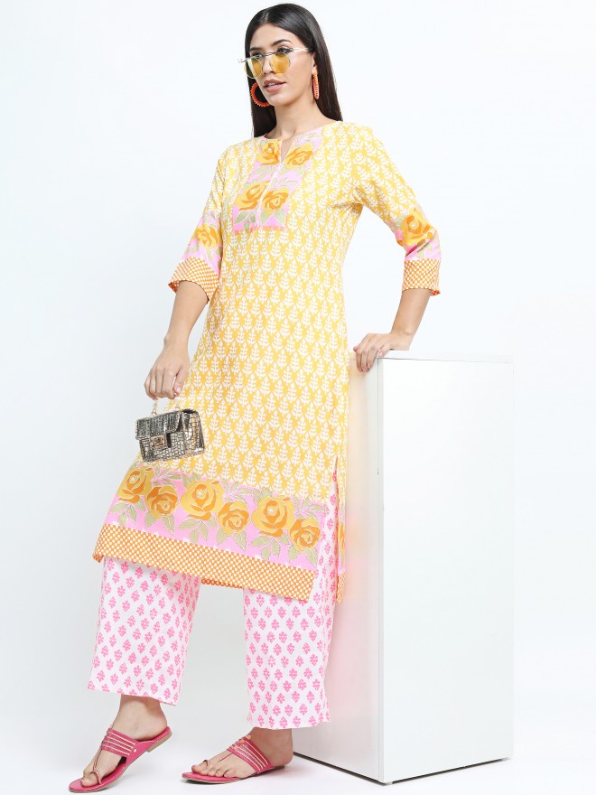 Women Mustard Floral Printed Straight Kurta with Palazzo & Dupatta - Mustard - Image 9