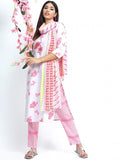 Women Grey & Pink Floral Printed Straight Kurta with Palazzo & Dupatta - Grey - Image 1