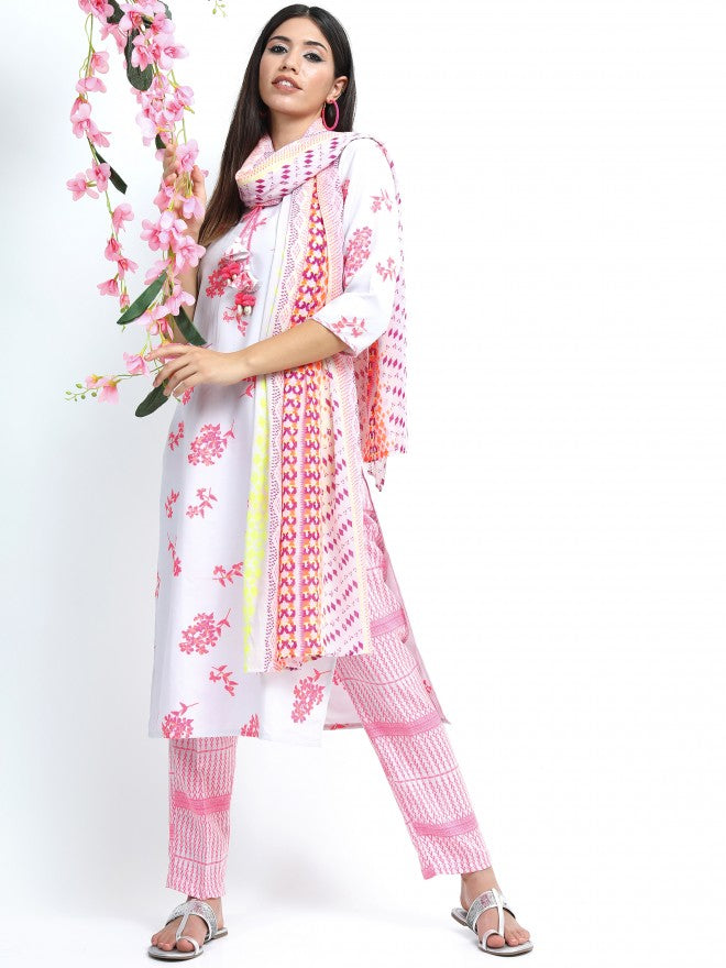 Women Grey & Pink Floral Printed Straight Kurta with Palazzo & Dupatta - Grey - Image 1