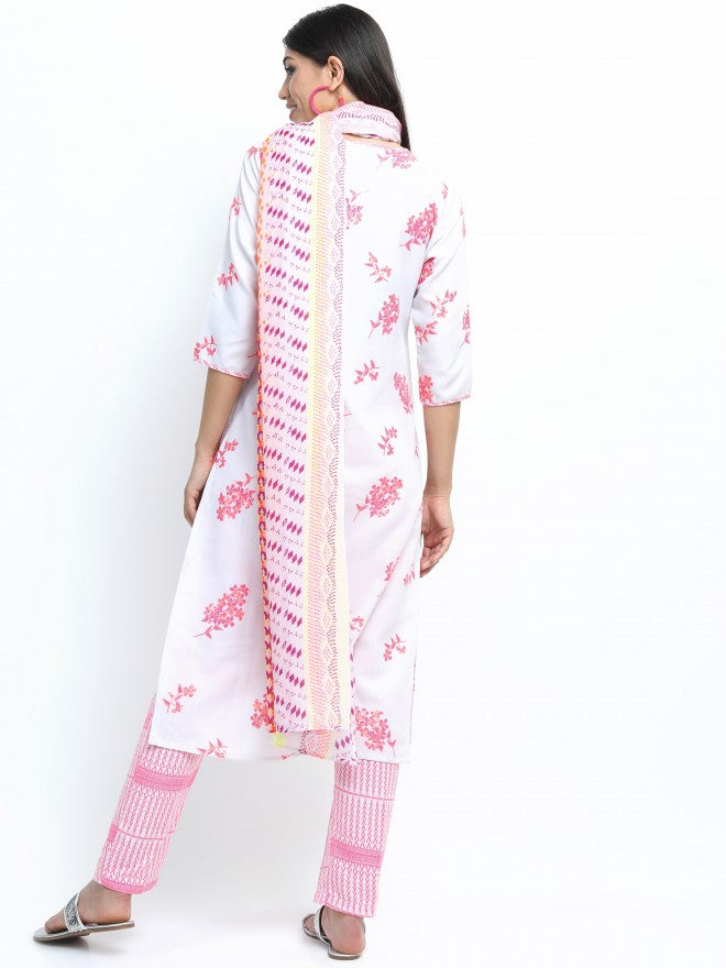 Women Grey & Pink Floral Printed Straight Kurta with Palazzo & Dupatta - Grey - Image 11