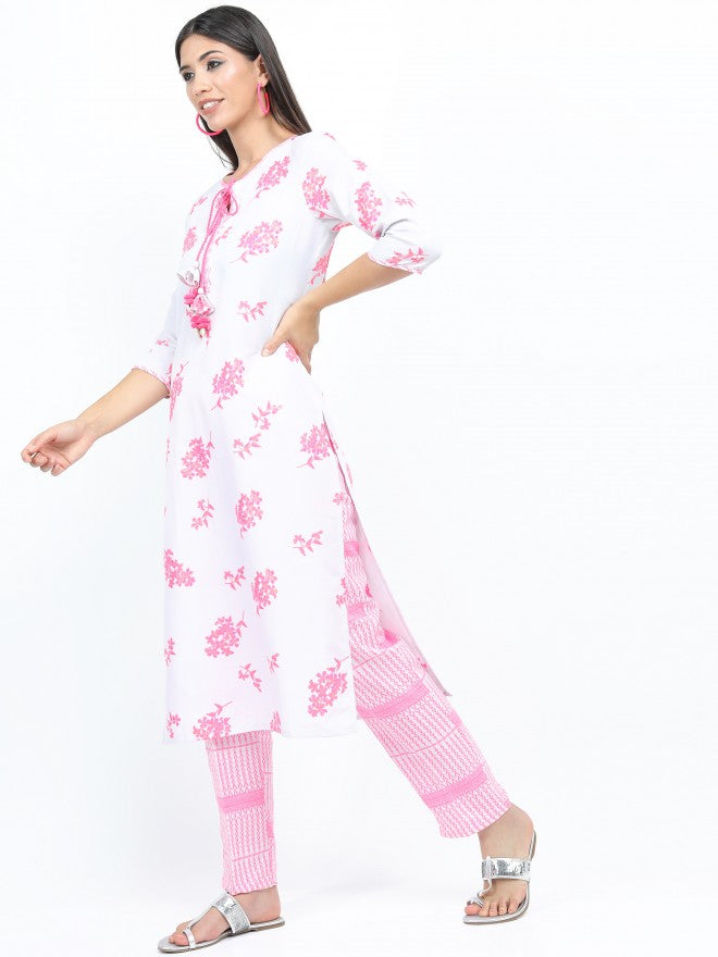 Women Grey & Pink Floral Printed Straight Kurta with Palazzo & Dupatta - Grey - Image 2