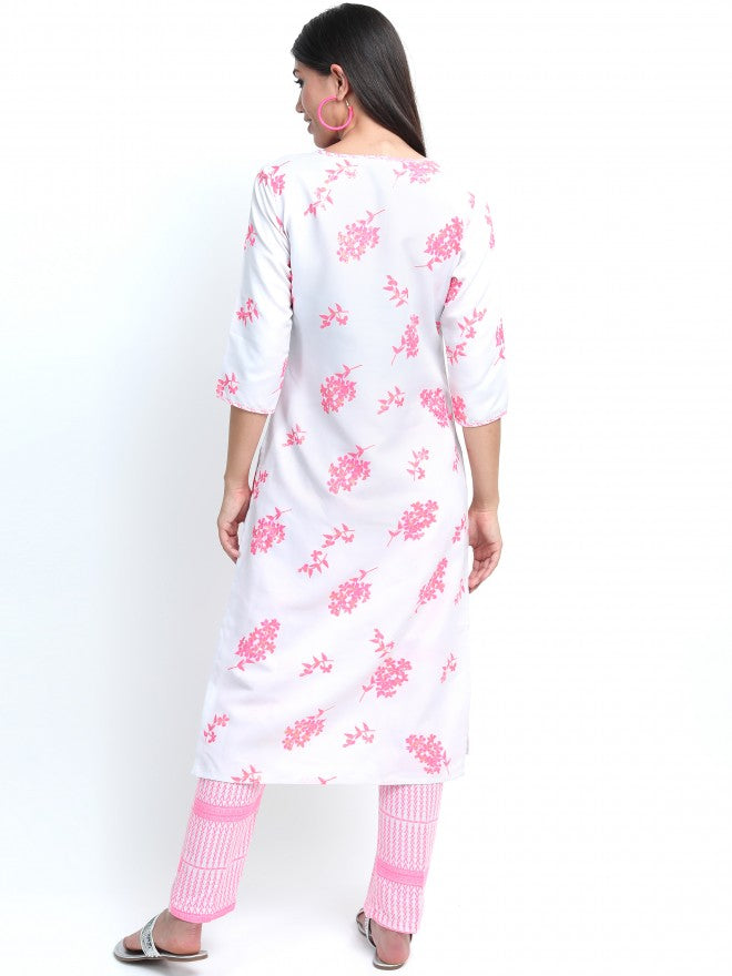 Women Grey & Pink Floral Printed Straight Kurta with Palazzo & Dupatta - Grey - Image 3