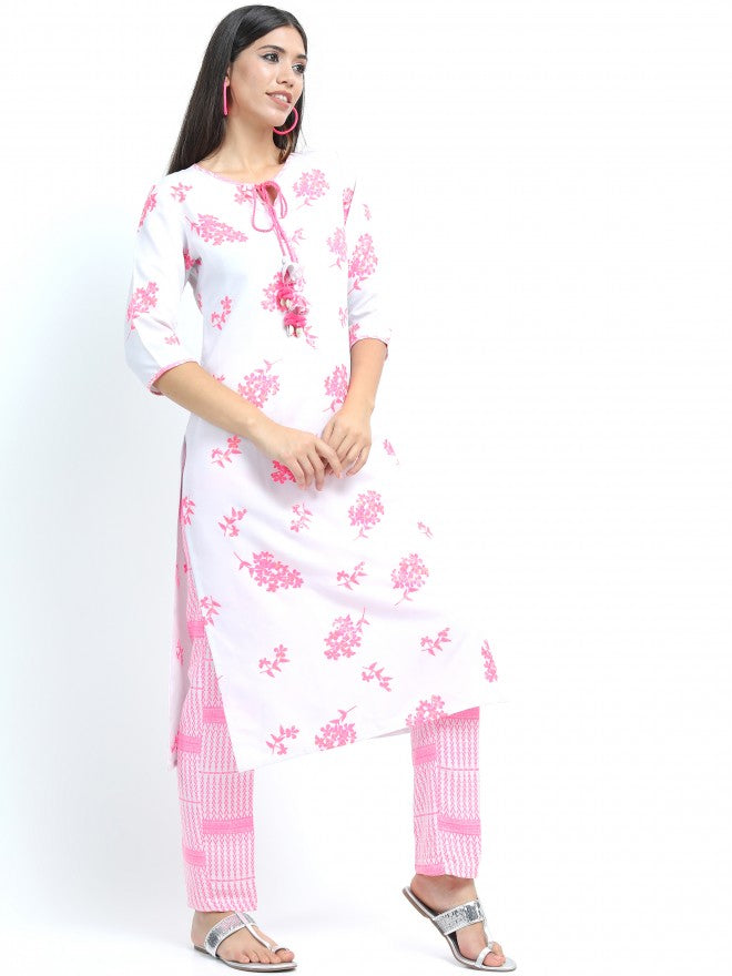Women Grey & Pink Floral Printed Straight Kurta with Palazzo & Dupatta - Grey - Image 5