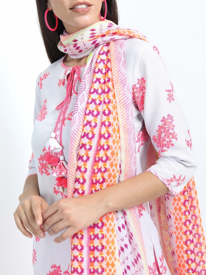 Women Grey & Pink Floral Printed Straight Kurta with Palazzo & Dupatta - Grey - Image 7