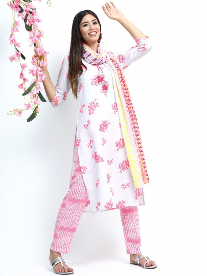 Women Grey & Pink Floral Printed Straight Kurta with Palazzo & Dupatta - Grey - Image 9