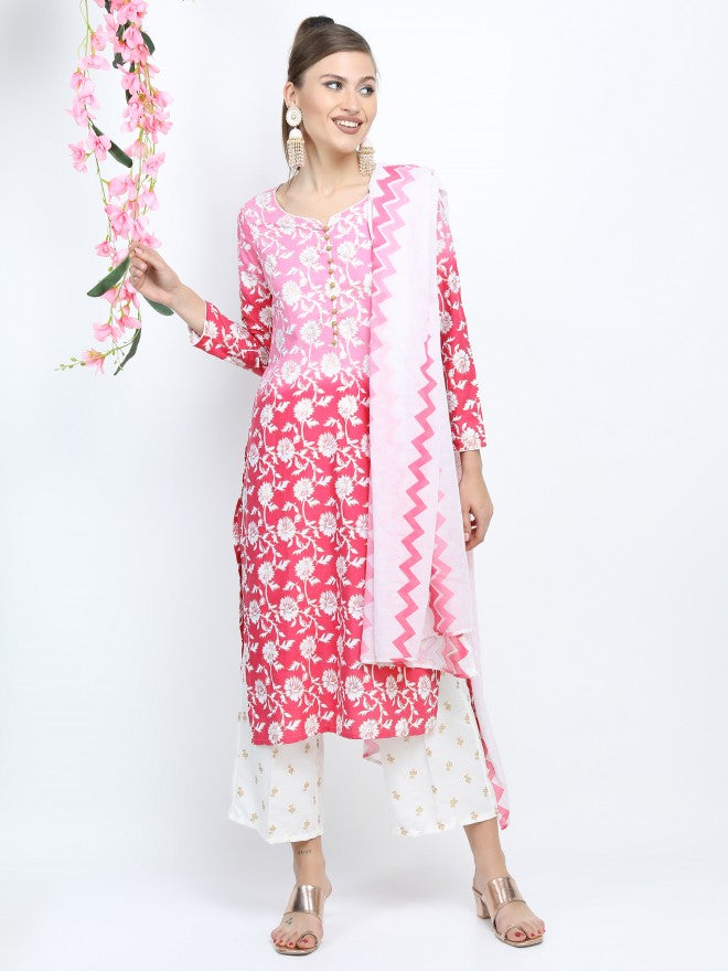 Women Pink & Dk Pink Ethnic Motifs Printed Straight Kurta with Palazzo & Dupatta - Pink - Image 1
