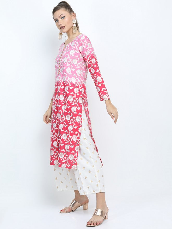 Women Pink & Dk Pink Ethnic Motifs Printed Straight Kurta with Palazzo & Dupatta - Pink - Image 2