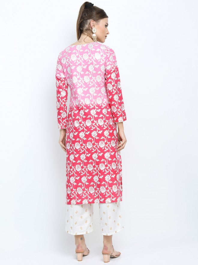 Women Pink & Dk Pink Ethnic Motifs Printed Straight Kurta with Palazzo & Dupatta - Pink - Image 3