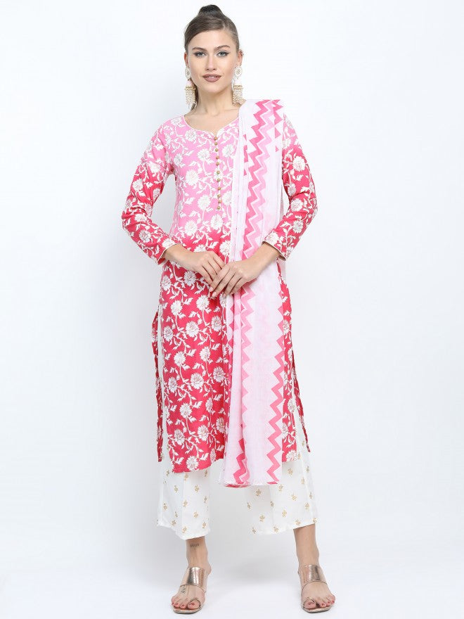 Women Pink & Dk Pink Ethnic Motifs Printed Straight Kurta with Palazzo & Dupatta - Pink - Image 4