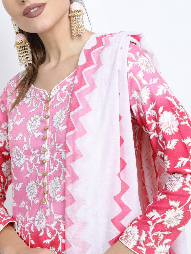Women Pink & Dk Pink Ethnic Motifs Printed Straight Kurta with Palazzo & Dupatta - Pink - Image 5