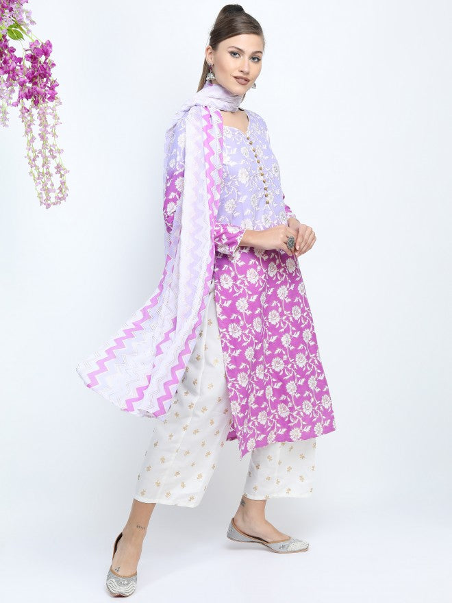 Women Mauve & Purple Ethnic Motifs Printed Straight Kurta with Palazzo & Dupatta - Mauve - Image 1