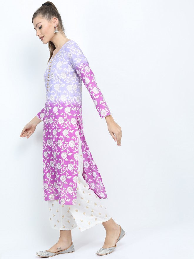 Women Mauve & Purple Ethnic Motifs Printed Straight Kurta with Palazzo & Dupatta - Mauve - Image 2